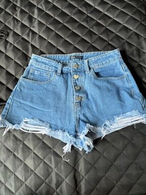 SHEIN Blue High-Rise Distressed Denim Shorts with Heart Buttons